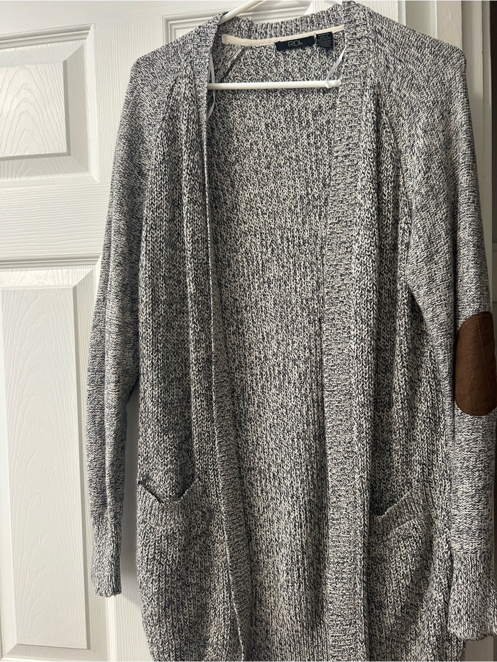 Gray Marled Open-Front Cardigan with Brown Elbow Patches